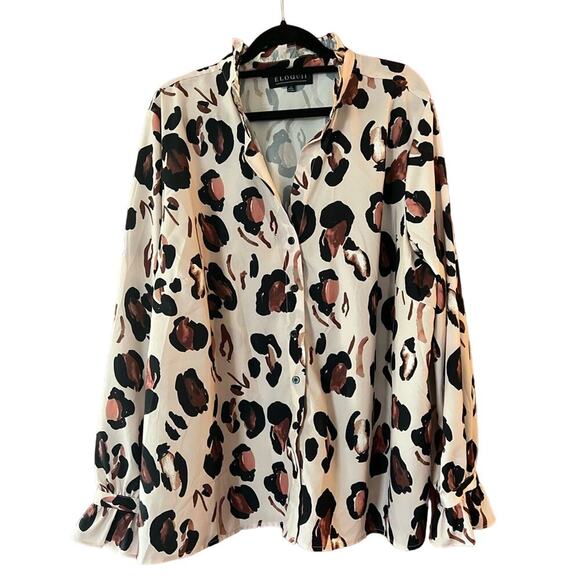 Eloquii Panthera SZ 22 Silky Animal Print Blouse Career Work Office Ruffle - Picture 1 of 8